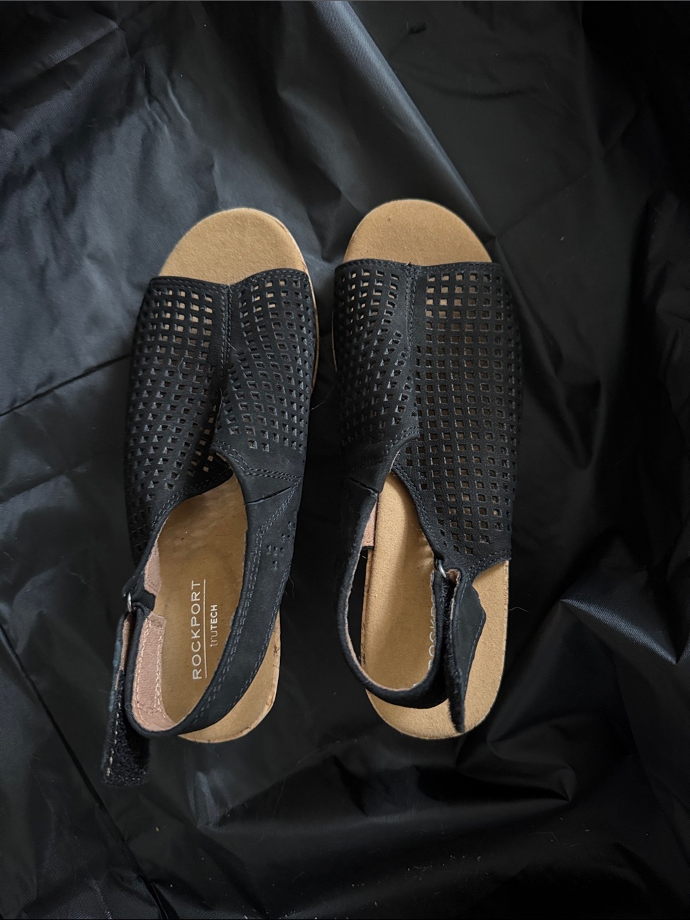 Rockport Black Perforated Slingback Sandals with Tan Footbed